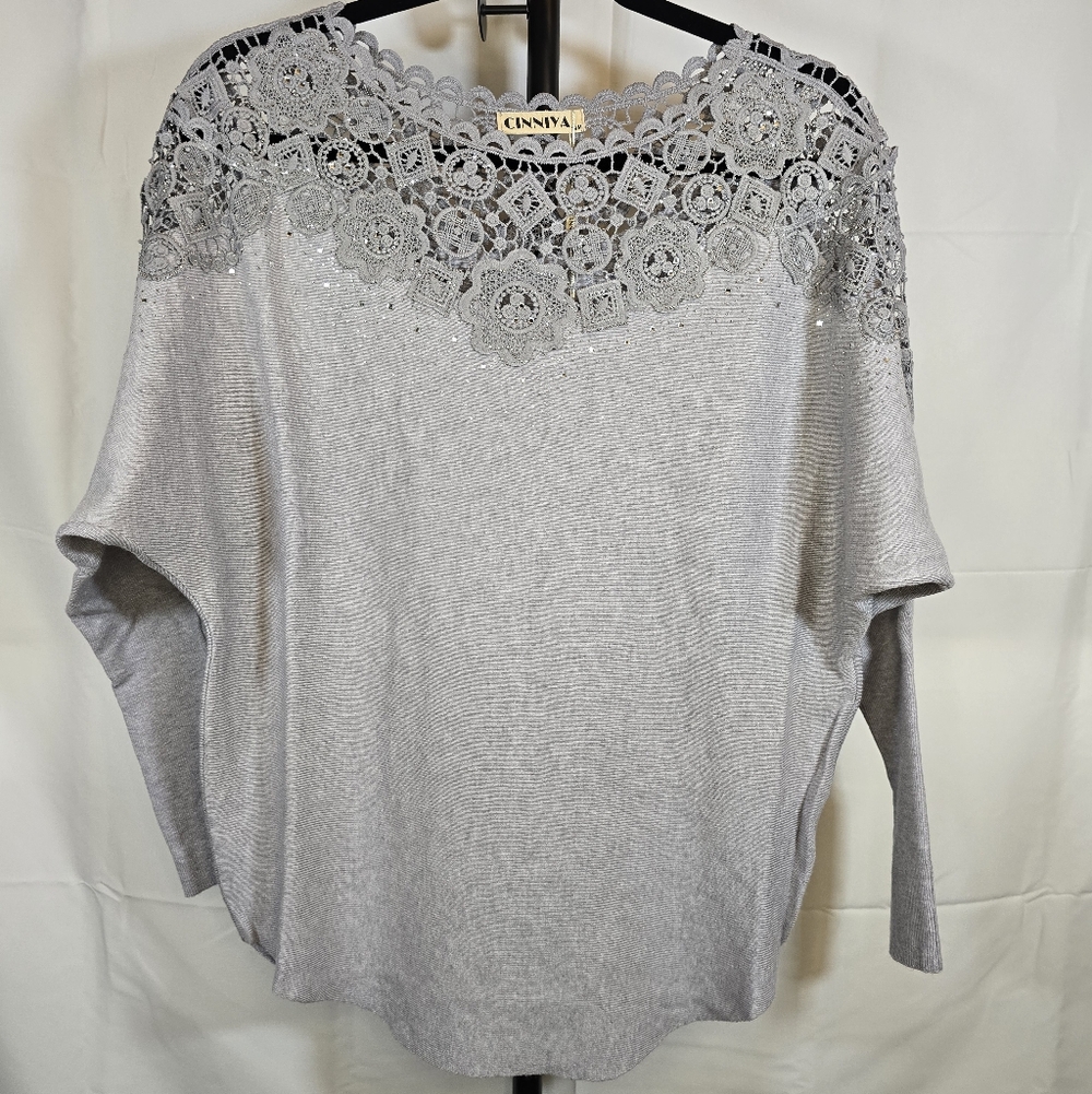 Gray Knit Sweater with Lace & Rhinestone Detail